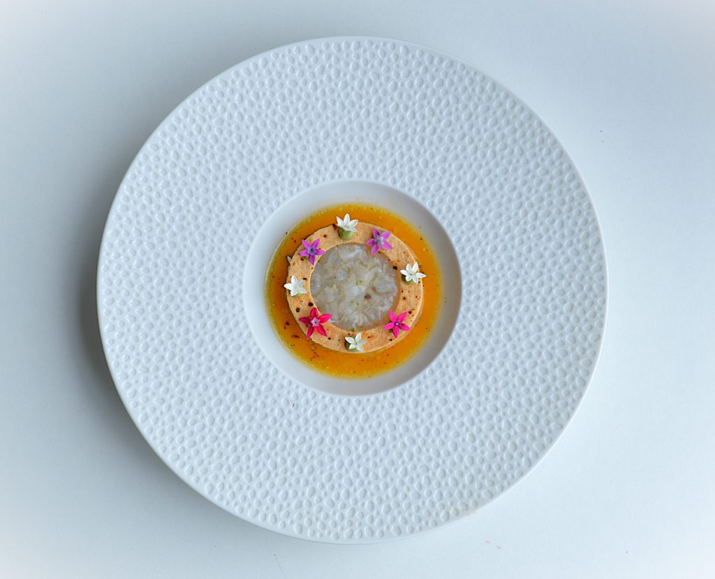 Un tartare de Saint Jacques joliment dressé dans une assiette creuse blanche